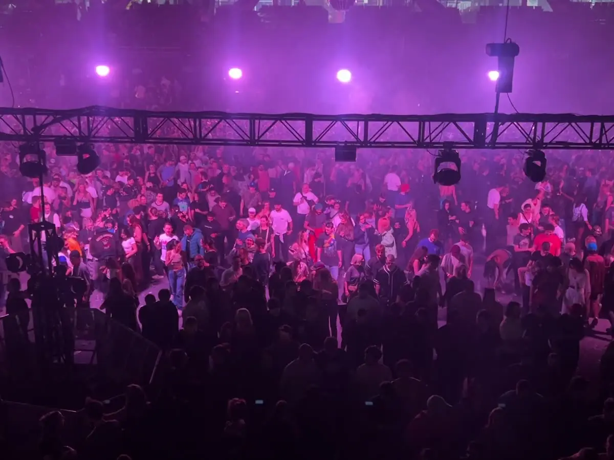 Crowd at a live show under purple stage lights